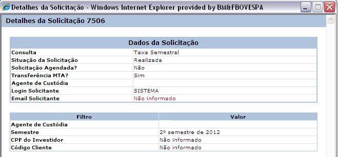 Exemplo: ao selecionar 1º semestre de 2012 o resultado da pesquisa será a taxa semestral referente ao 1º semestre de 2012, que foi cobrada no dia 01 de julho de 2012. 2. Envio via MTA: ao selecionar essa opção, o arquivo será enviado diretamente para o MTA, ficando disponível também em tela para eventual necessidade.