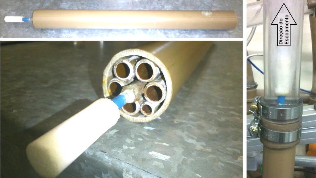 dos tubos de cobre, e uma imagem com o misturador em funcionamento.