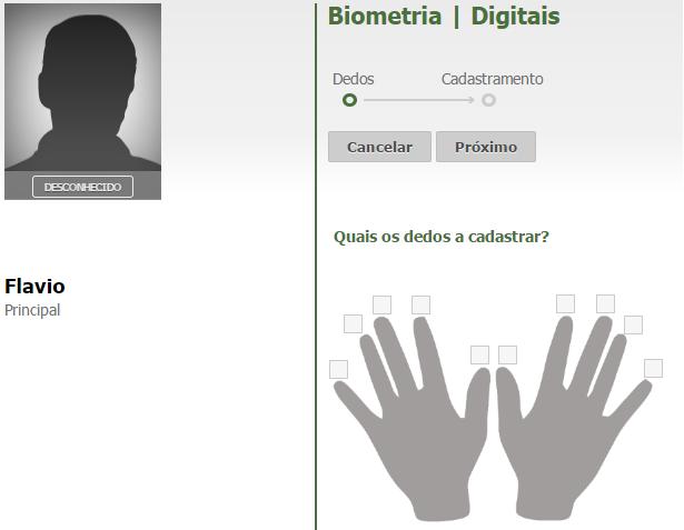 Digitais Para incluir biometria digital, clique no botão Adicionar, surge a tela