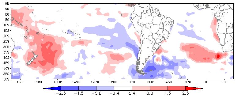 No Oceano Atlântico Sul ocorreu aumento da anomalia negativa próximo ao sul da Argentina