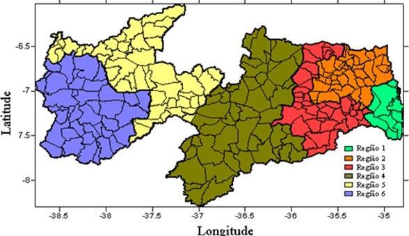 Figura 1 Mesorregiões do estado da Paraíba (Brito e Braga, 2005) O Estado da Paraíba é caracterizado por dois regimes de chuvas, um de fevereiro a maio (regiões do Alto Sertão, Sertão e