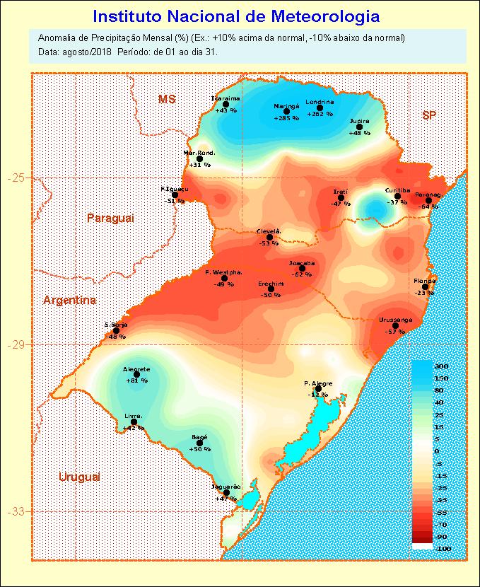 PRIMAVERA COM PRECIPITAÇÃO ACIMA DO PADRÃO CLIMATOLÓGICO Introdução (análise do mês de agosto/2018) No mês de agosto, as precipitações no Rio Grande do Sul (Figura 1)