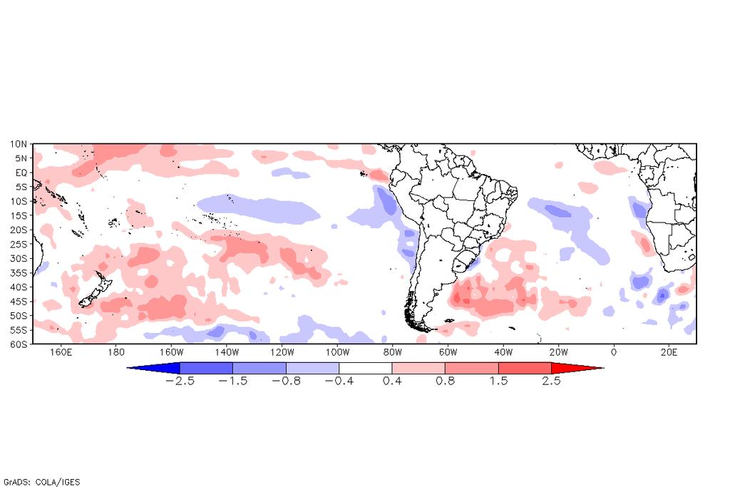 No oceano Atlântico Subtropical as variações de anomalia de TSM permaneceram positivas apenas entre o