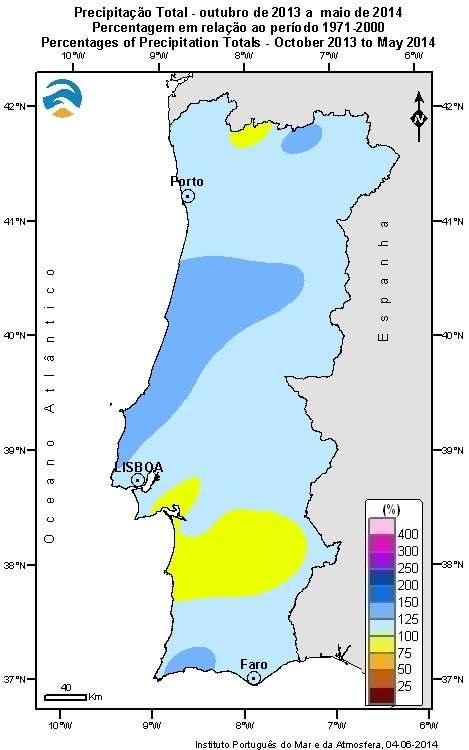 Em termos de percentagem, em relação ao valor médio no período 1971-2000, os valores de precipitação, são superiores ao normal exceto nalgumas áreas do Alentejo e em Montalegre (Figura 6 dir.).
