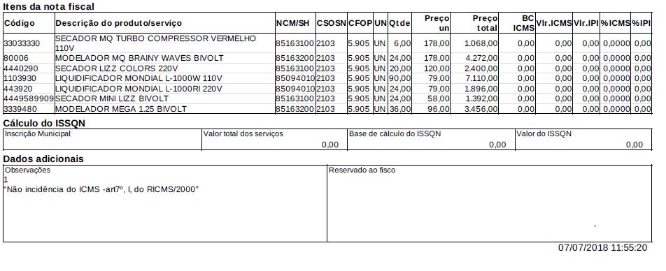 Qtde enviada Preço (R$) de cada produto Preço multiplicado pela Qtde Todos os valores nesta seção devem ser zero Valor total dos itens (R$) Valor total da NFe (R$) O Frete precisa ser do tipo 0 CIF,