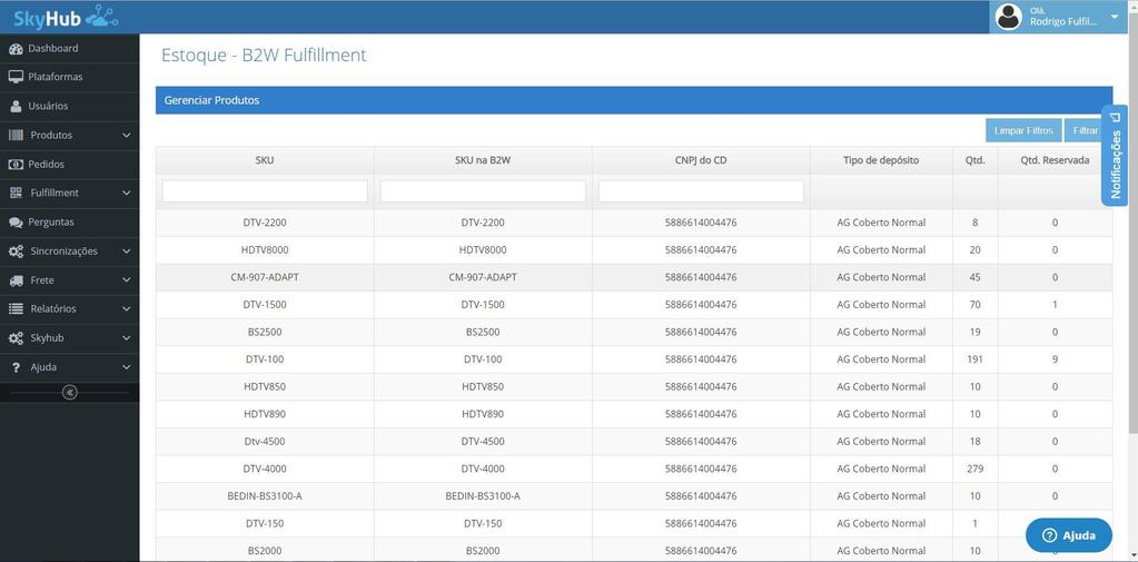 1º Passo 2º Passo Checagem de Estoque Olá, Parceiro Fulfillment > Estoque Etapas: - Entrar na aba Fulfillment do portal Skyhub - Clicar na seção Estoque, dentro da aba do Fulfillment Antena Antena