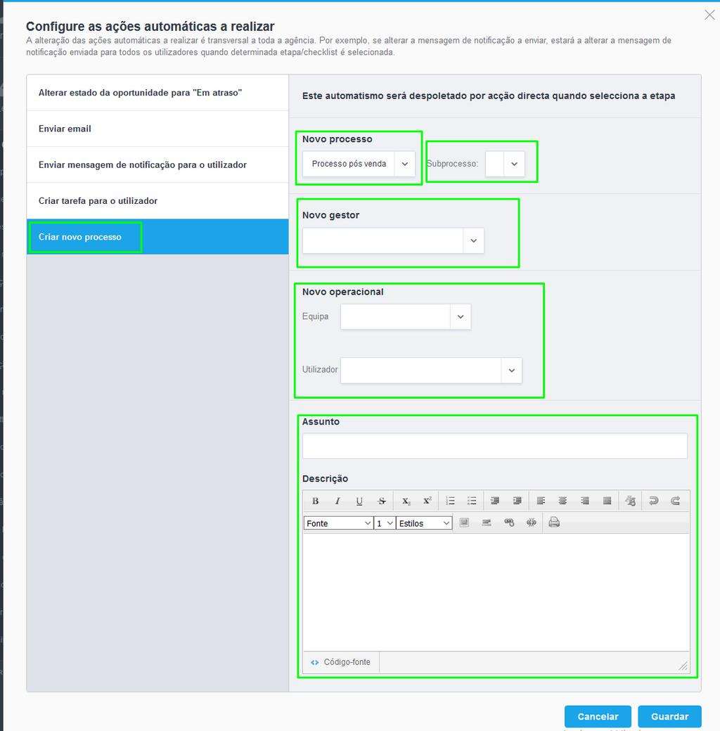 9.5 Criar novo processo: Este automatismo permitirá a