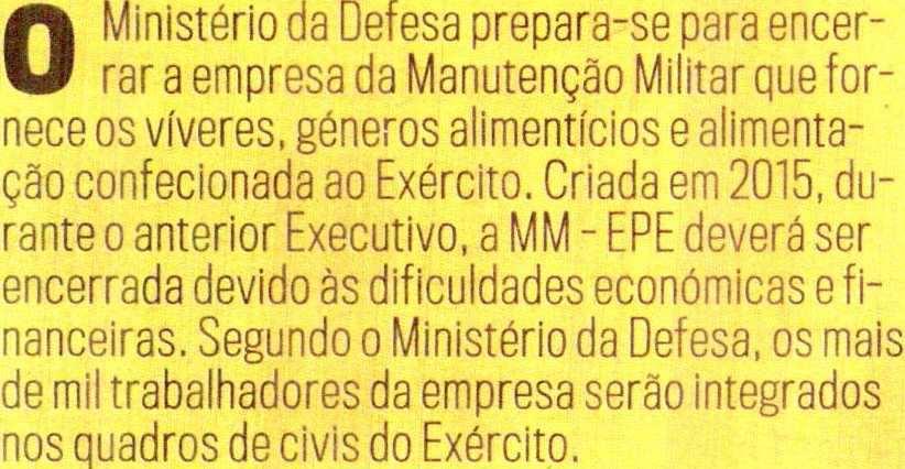 Correio Manhã 28 09 2016 Periodicidade: Diário Nacional 174177 Página (s): Diversos 28 cm 2 N/Cor 48 EXÉRCITO DEFESA ENCERRA MANUTENÇÃO