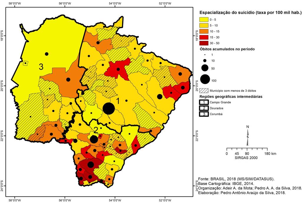 Na região imediata de Campo Grande, situada no centro do estado, de um total de 13 municípios, 6 municípios contabilizaram menos que 3 óbitos no triênio, que estão localizados no oeste da região,