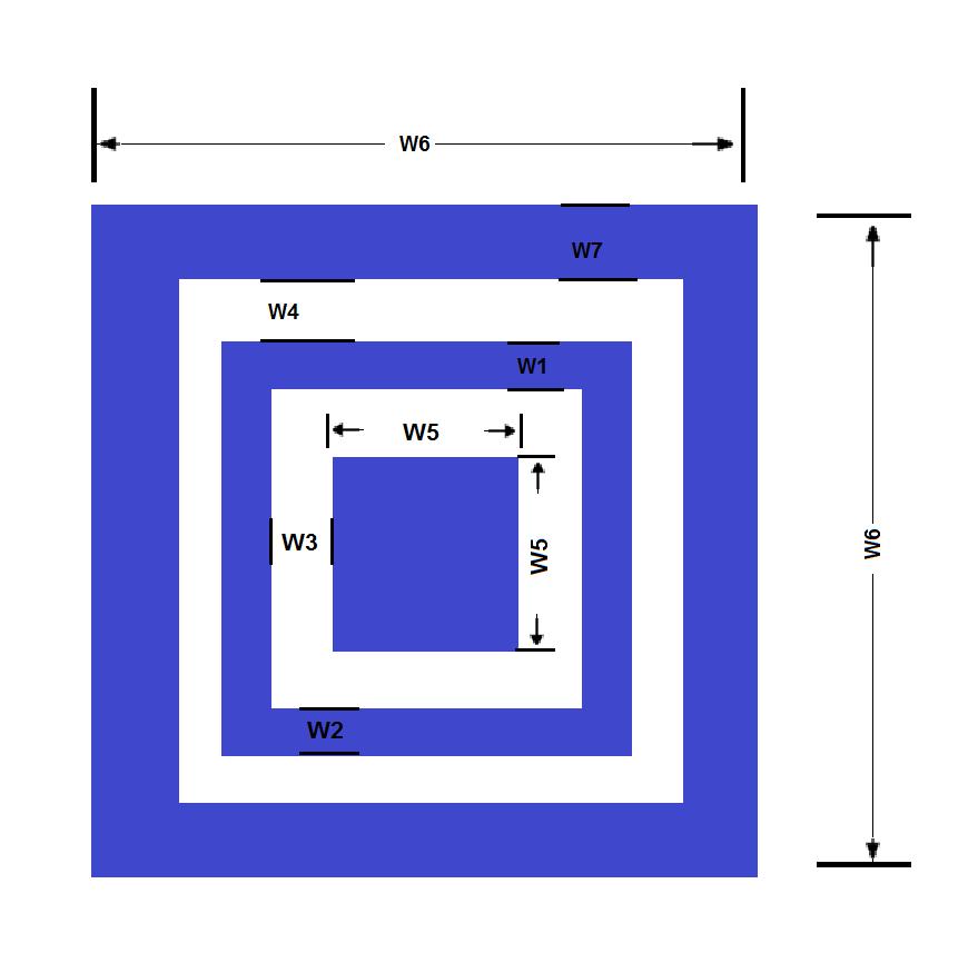 47 (a) Esquema dimensional. (Cobre em azul.) (b) Vista oblíqua em software. (Cobre em dourado, substrato em branco.) Figura 4.14: Estrutura da célula unitária da segunda FSS. 4.4.2 Simulação: