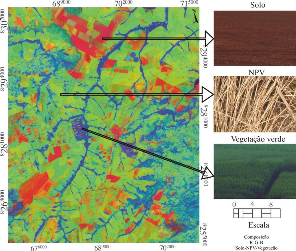 A composição colorida, referente às frações solo, NPV e vegetação verde (R-G-B, respectivamente), resultantes do modelo linear de mistura espectral é apresentada na Figura 4.