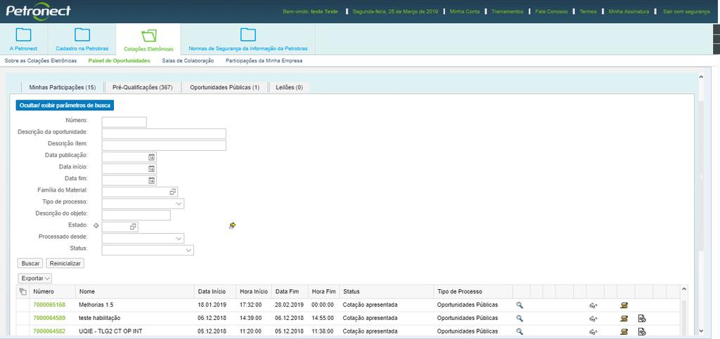 VI. Cotações Após pesquisar por uma oportunidade utilizando os campos disponíveis para consulta, para acessa-la basta clicar ícone