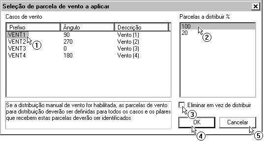 Dentro da janela "Tabela de distribuição manual de vento" podemos habilitar a distribuição manual do vento, além de determinarmos as parcelas em cada direção que serão aplicadas à estrutura: (1)