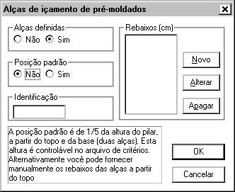 Se alças forem definidas em um pilar, temos a opção de posicioná-las em posição padrão. Esta posição corresponde a 1/5 da altura do pilar, a partir de cima e de baixo (duas alças).