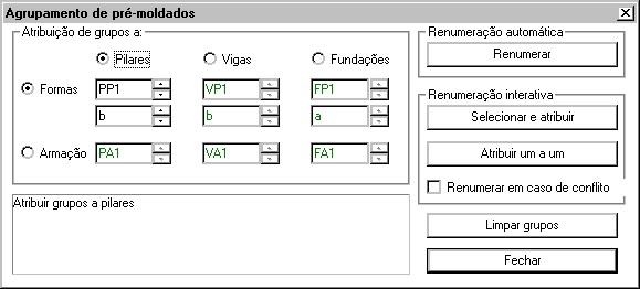 Os títulos iniciais usados para agrupar formas e armação de vigas e pilares estão definidos no arquivo de critérios de desenho de formas, mas podem ser alterados no momento em que a janela