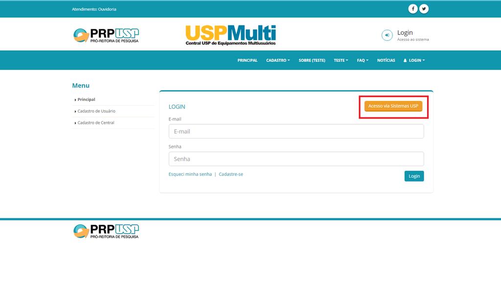 2) Clique no botão Acesso via Sistema USP à direita da página.