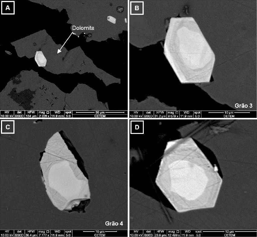 Figura 43. Imagens BSE: (A) Carbonato incluso em partículas de dolomita; (B-C-D) Grãos de carbonato com zonamento composicional.