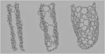 REVISÃO BIBLIOGRÁFICA 11 Figura 1.2: Simulação da formação de um nanotubo a partir de dois fragmentos de grafite (CONTE et al., 2001).