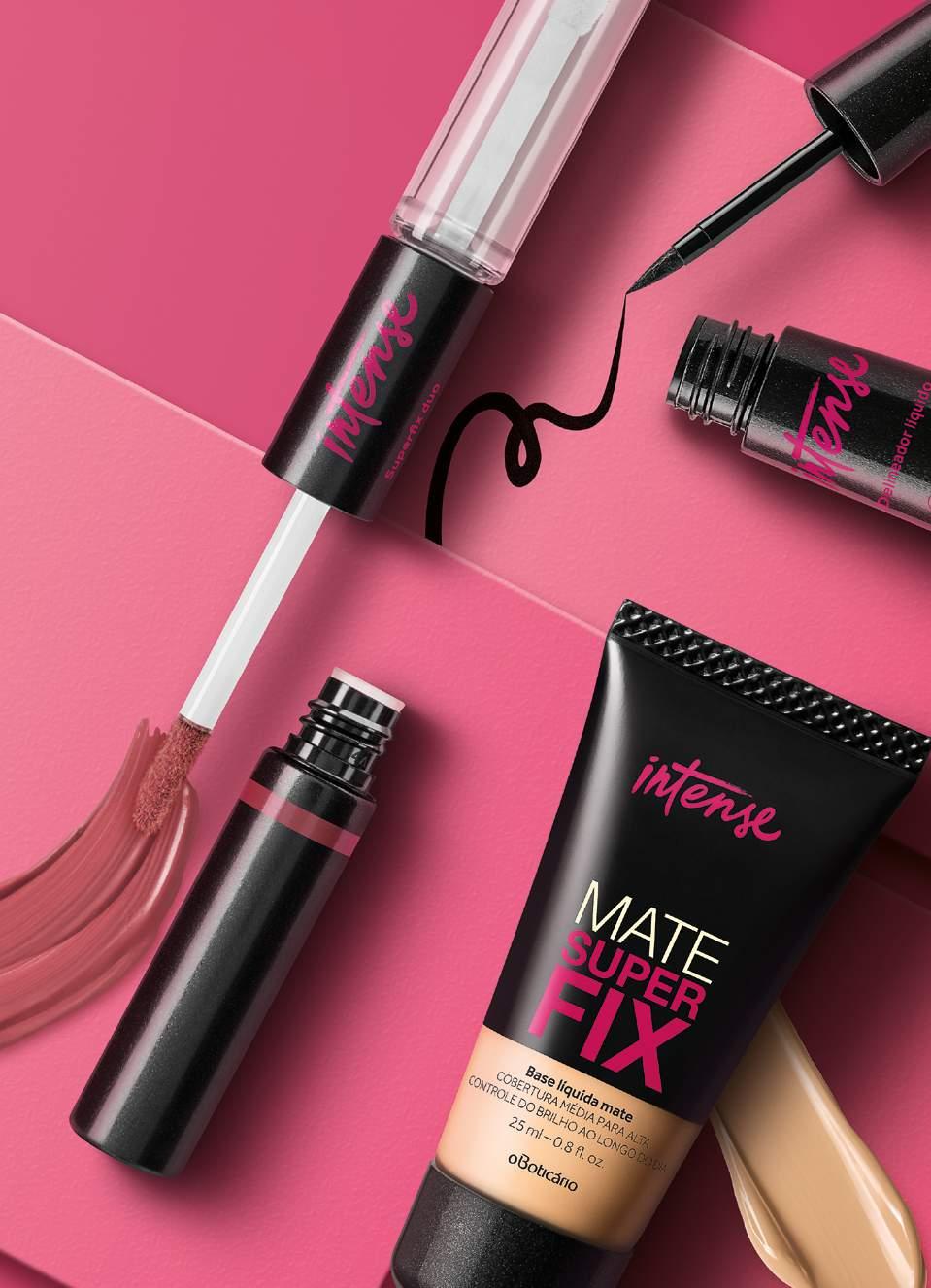 ATÉ 40% INTENSE DE DESCONTO EM MAQUIAGEM AQUI TEM MAKE PROMO MAQUIAGEM LANÇA MENTO INTENSE BATOM LÍQUIDO SUPERFIX DUO 16h SUPER ROSA, DELINEADOR LÍQUIDO PRETO, 2,5 ml 2 unid.