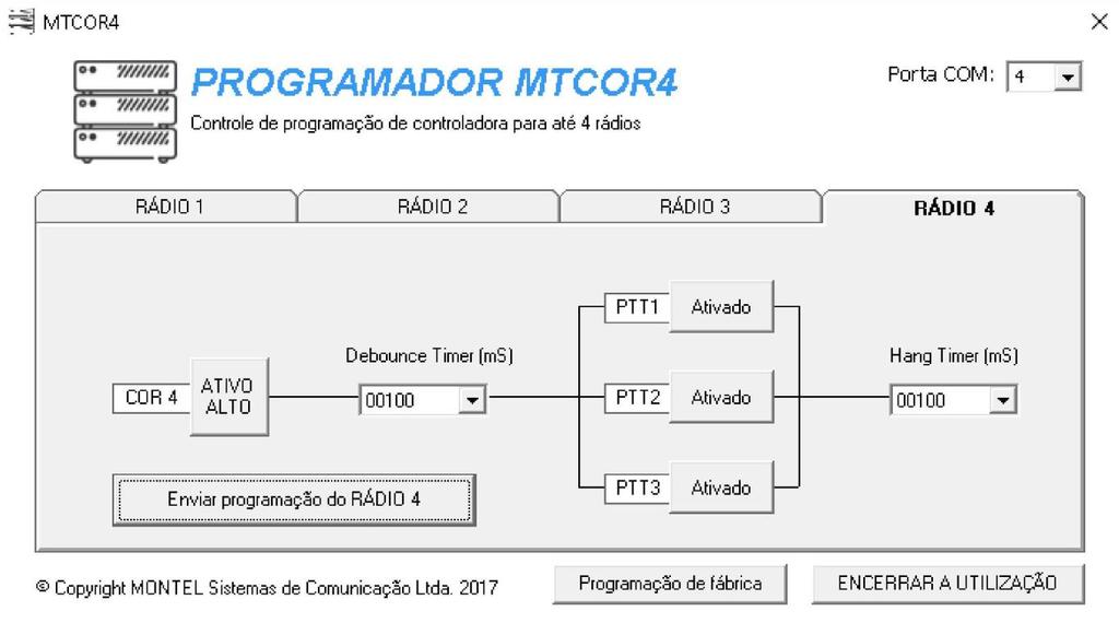 A Controladora MTCOR4 é um equipamento destinado a fazer interface entre rádios através de uma repetidora, podendo gerenciar até 4 rádios utilizando-os tanto como repetição local quanto para link