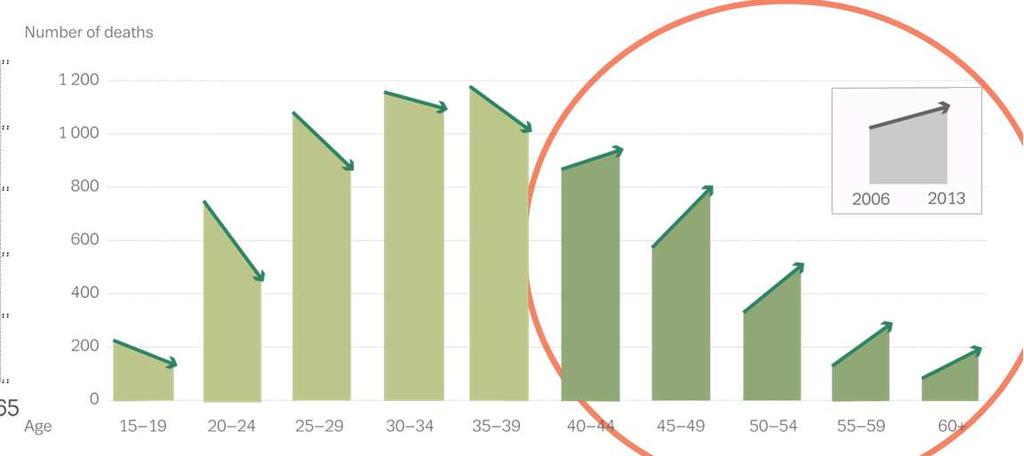 by age group in 2006 and in 2013 Entre 2006 e 2013, a idade média de clientes em