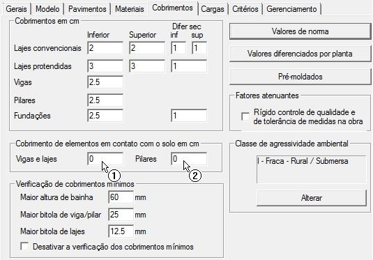 (1) Definir o cobrimento de vigas e lajes em contato com o solo; (2) Definir o cobrimento de pilares em contato com o solo.