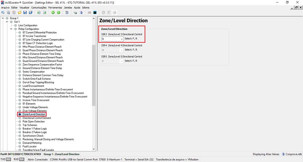 3.5 Zone Level/ Direction Clique na opção Zone/ Level Direction. Os elementos 1 e 2 de desbalanço de corrente sempre possuem a direcionalidade para frente ou Forward não sendo possível alterar.
