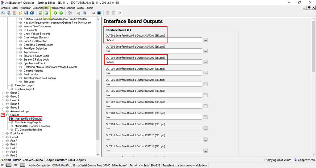 3.8 Interface Board Outputs Clicando no sinal de > ao lado de Outputs e em seguida em Interface Board Outputs podem-se designar os trips das funções para cada saída utilizando Relay Word Bits.