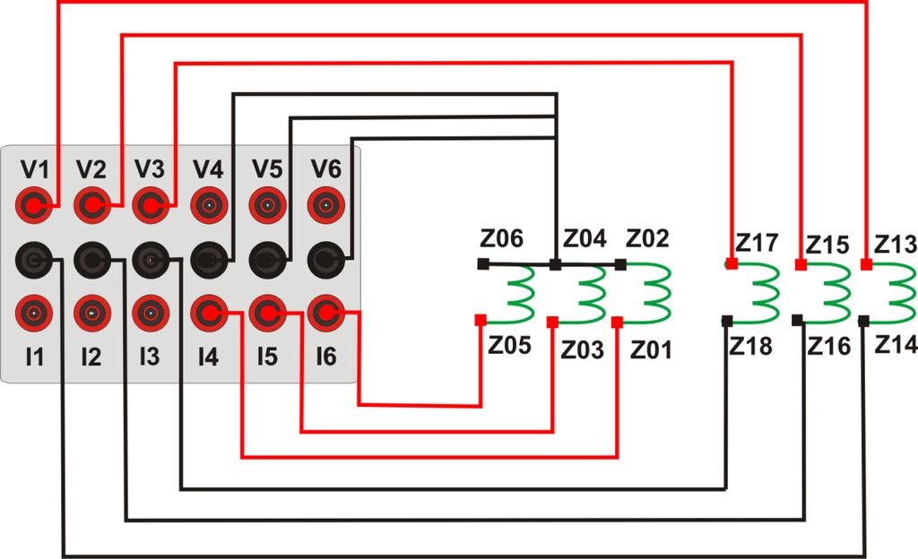 2 Bobinas de Tensão e Corrente Figura 1 Para estabelecer a conexão das bobinas de tensão, ligue os canais de corrente V1, V2 e V3 aos pinos Z13, Z15 e Z17 do terminal do relé e conecte os comuns dos