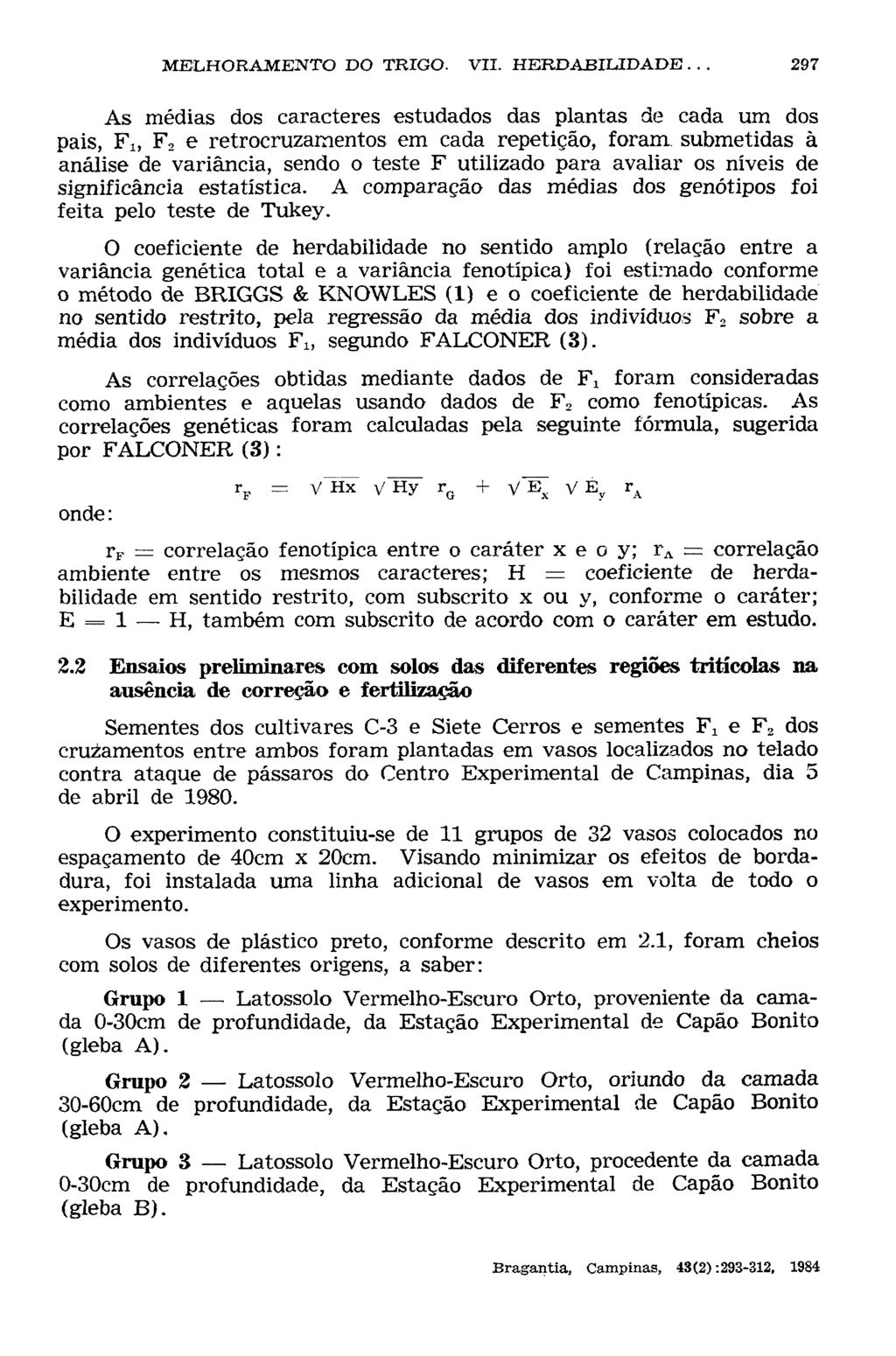 As médias dos caracteres estudados das plantas de cada um dos pais, F lt F, e retrocruzamentos em cada repetição, foram submetidas à análise de variância, sendo o teste F utilizado para avaliar os