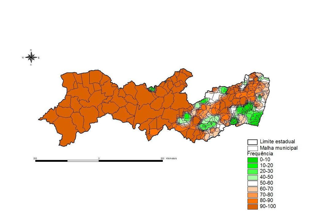 Figura 16 - Freqüência de ocorrência de deficiência hídrica anual entre 150 e 350 mm no Estado de Pernambuco. Áreas esverdeadas com menor deficiência hídrica anual.