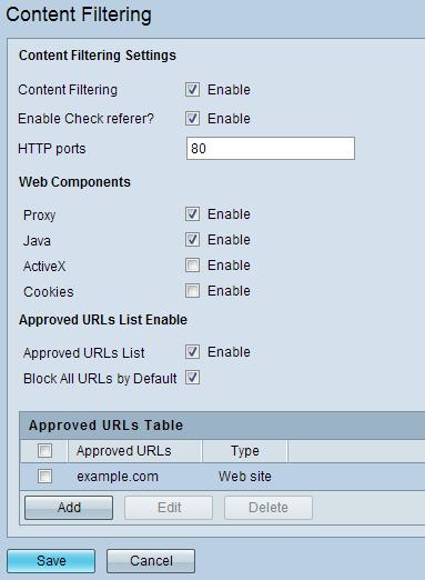 Etapa 2. Verifique a caixa de verificação do filtragem de conteúdo para permitir o filtragem de conteúdo. Isto deve ser feito antes que o usuário adicione um domínio confiável. Etapa 3.