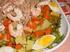 Alho Francês. Salada Russa de atum (cenoura, ervilha, batata, feijão verde) e ovo cozido. Fruta da época. Abóbora com massinha