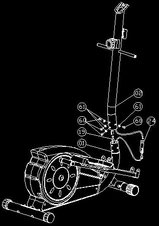 1: Anexe o estabilizador frontal (12) e o estabilizador traseiro (13) à estrutura principal (01) com o parafuso de transporte (80), a porca com abóboda (81) e a arruela de arco (61) Instale o pedal