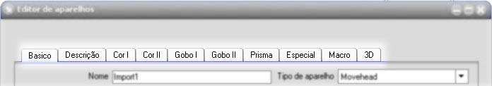 Para ajustarmos isso no patch, devemos clicar nas guias na parte superior dessa tela, onde está escrito COR I, GOBO I, etc, vamos iniciar pela DESCRIÇÃO: Essa guia serve para que você