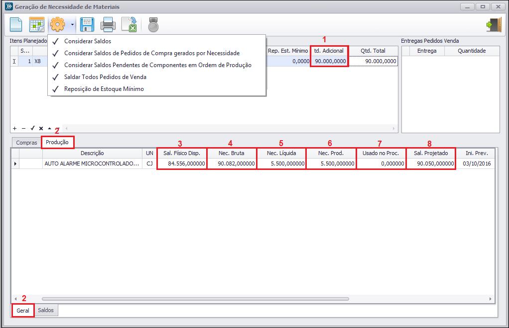 Figura 1 Na GUIA Produção na Aba Saldos¹ é possível visualizar as colunas Sal. Ord. Prod. Plan.², Sal. Ord. Prod. And.³, Sal. Ped. Compra 4 usados no Calculo da Nec.