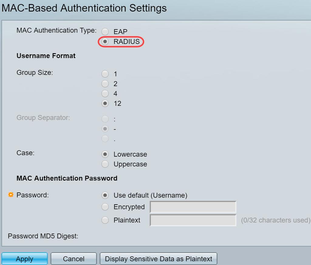 Etapa 3. No formato username, selecione o número de caracteres ASCII entre delimitadores do MAC address enviado como um nome de usuário.