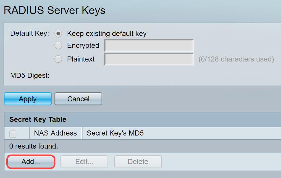 Etapa 3. A página do indicador da chave secreta adicionar abre. No campo de endereço NAS, incorpore o endereço do interruptor que está contendo o cliente RADIUS.