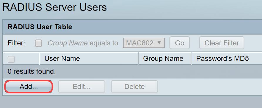 O clique adiciona para adicionar um novo usuário. Etapa 3. A página de usuário do servidor Radius adicionar abre.