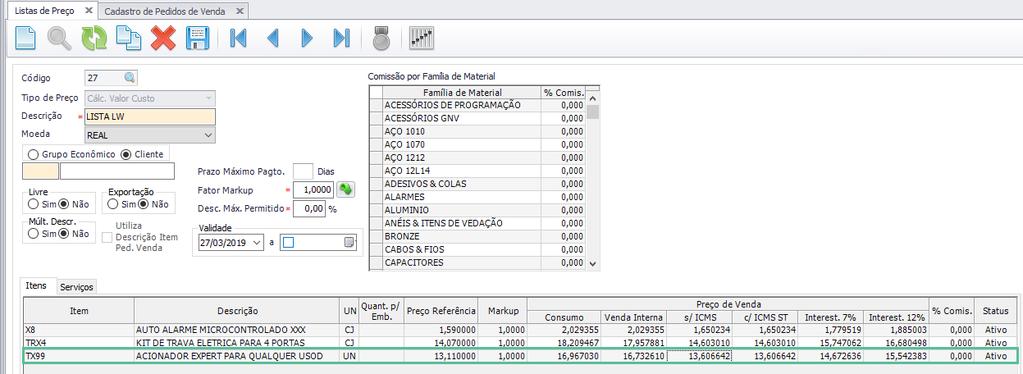 Valor Custo, o valor apresentado para o item levará em conta a UF de Faturamento da Empresa (Venda Interna ou Externa) ou Tipo do Estabelecimento do Cliente (Produtor, Distribuidor, Varejista ou