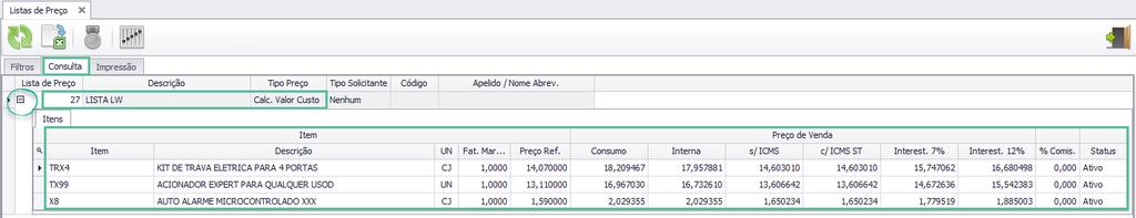 A aba Impressão procede da mesma forma, apresentando as informações