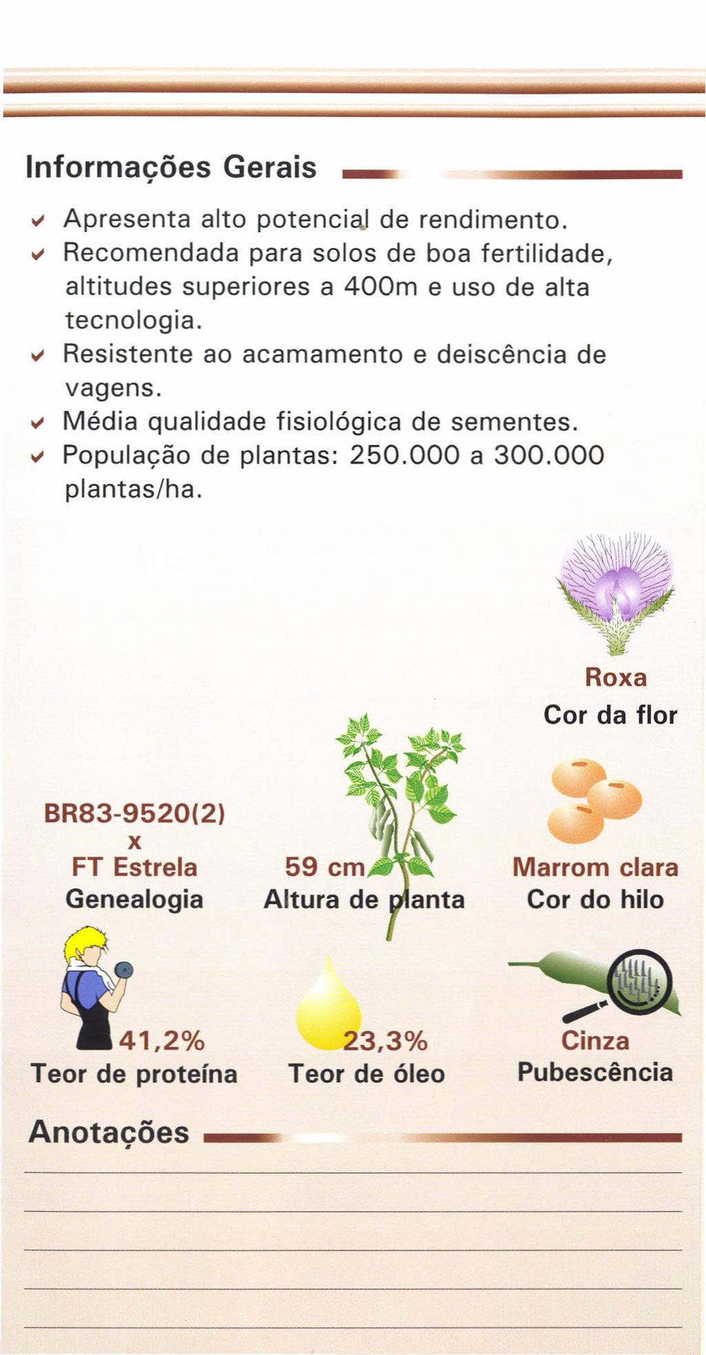 Informações Gerais ~ Apresenta alto potencial de rendimento. v Recomendada para solos de boa fertilidade, altitudes superiores a 400m e uso de alta tecnologia.