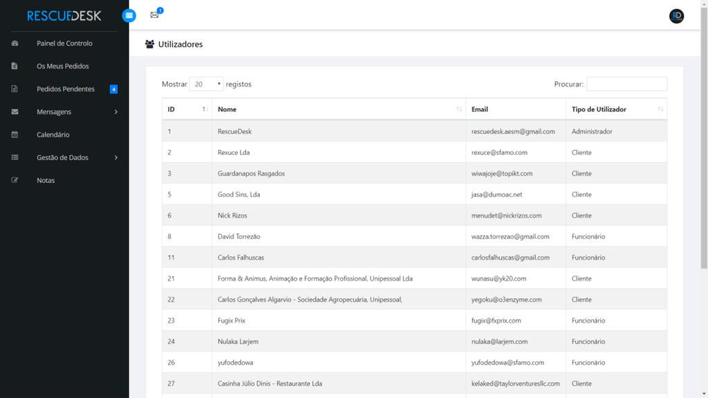 Utilizadores Este menu está apenas disponível para administradores, sendo que pode