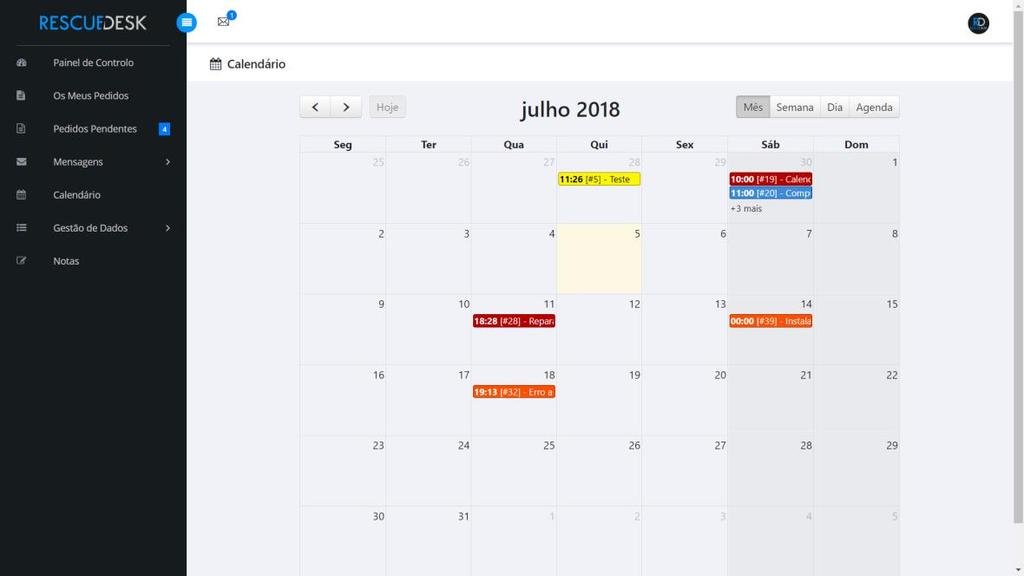Calendário O calendário é disponibilizado a todos os utilizadores, sendo que, como administrador ou