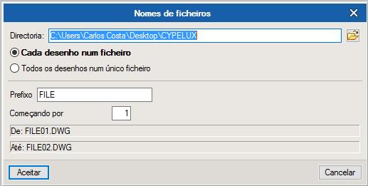 A janela Nomes de ficheiros permite ao utilizador no caso de exportar para ficheiro, especificar uma diretoria para a criação dos ficheiros, como também indicar a opção de gerar uma folha por