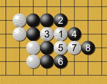 A é a resposta típica, mas Preto também pode jogar em B, o que criará uma escada se Branca cortar em A. Imagem no centro: É isso que acontece se Preto apenas conecta.