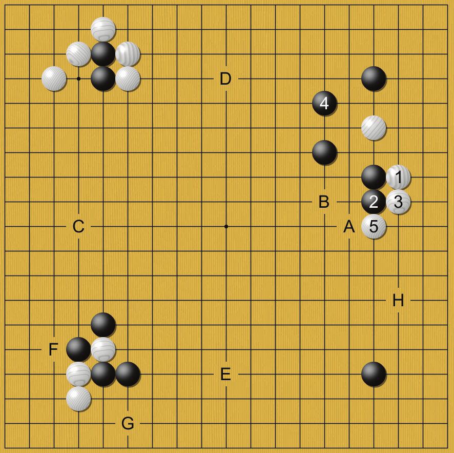 Muitas jogadas boas são possíveis para Preto 6, indo de A a G, a maior parte envolvendo jogar longe da situação presente (tenuki).
