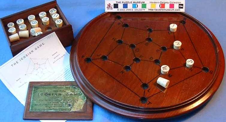 Grafos hamiltonianos Em 1857, o matemático irlandês W. R. Hamilton inventou um puzzle 32 cujo objectivo é o de determinar um certo caminho através das arestas de um dodecaedro.