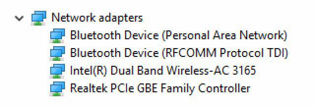 Controladores de Bluetooth e Wi-Fi Intel Wireless 3165 No Gestor de Dispositivos, verifique se o controlador da placa de rede está instalado.