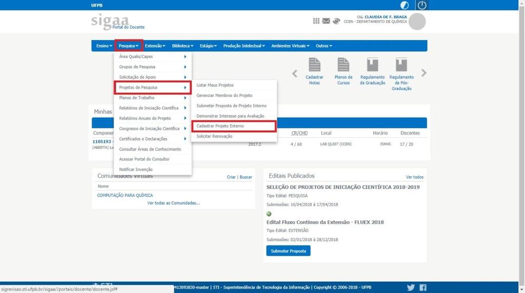 Submeter Projeto de Pesquisa Externo São considerados Projetos de Pesquisa Externos aqueles que atendam a editais ou chamadas de órgãos governamentais ou não-governamentais, nacionais ou